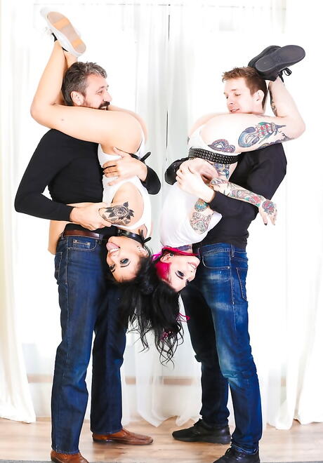 Luscious girls Joanna Angel and Holly Hendrix taking dick in pussy and ass at same time 